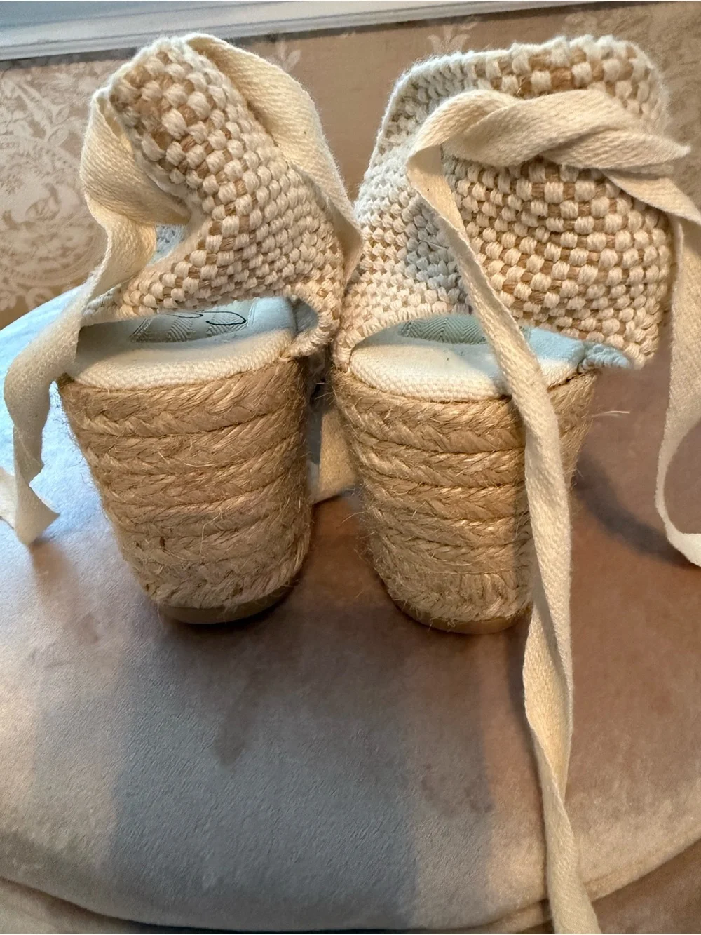 Gaimo hand made Lace Ankle-Tie Espadrille Wedges in Cream